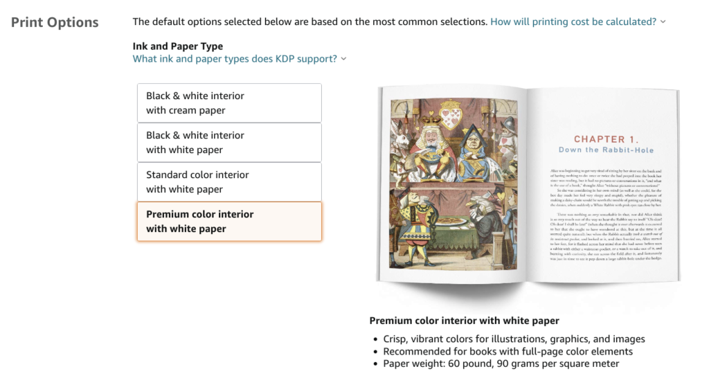 Screenshots from Amazon's KDP website showing Standard vs. Premium color.